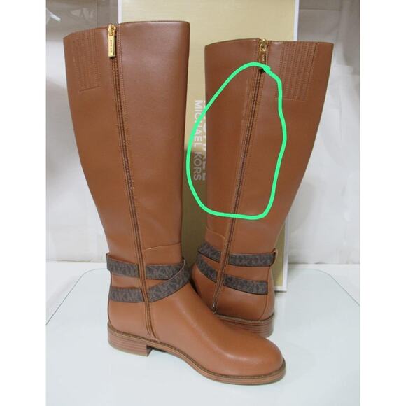 Michael Kors Rory Knee High Riding Boots MK Logo Embossed Strap Luggage Size 7 - Picture 12 of 12